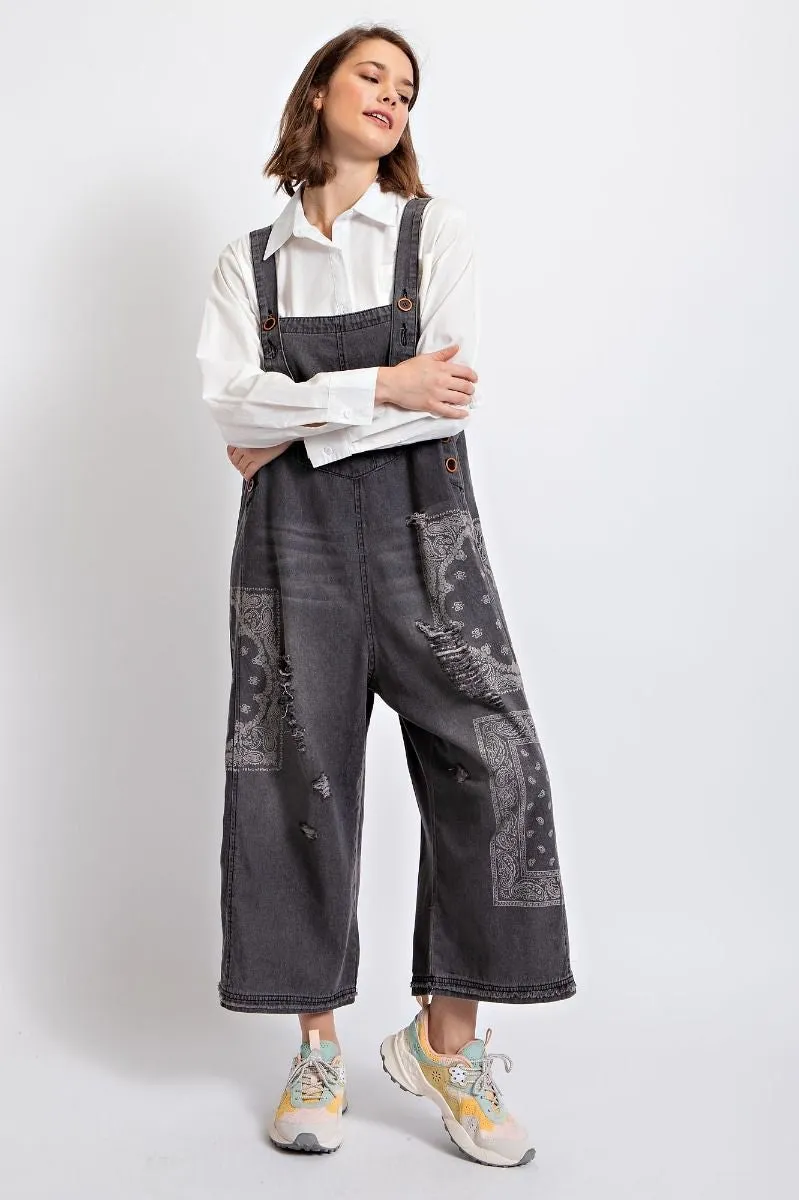 Easel Washed Denim Bandana Jumpsuit Charcoal