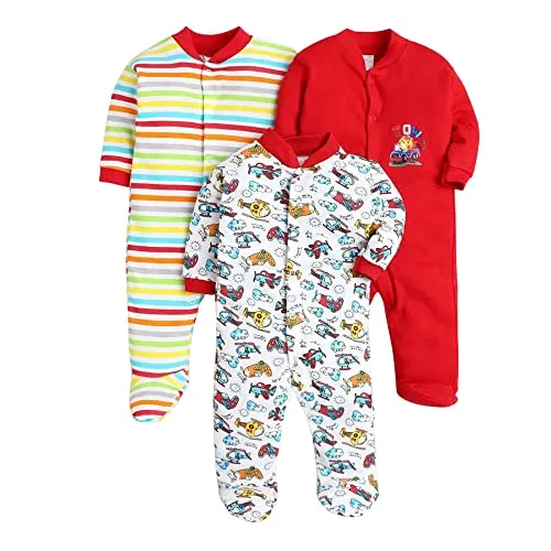 EIO Baby's Cotton All Over Printed Night Suits Pack Of 3 (AX-FR_Red_0 Months-3 Months)