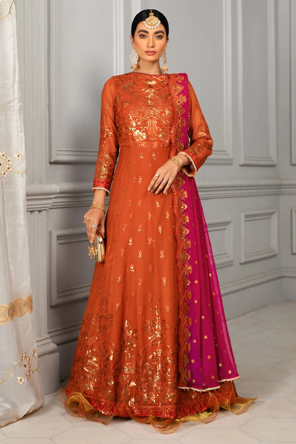 Elegant Maxi Dress Pakistani in Orange Shade #PF327