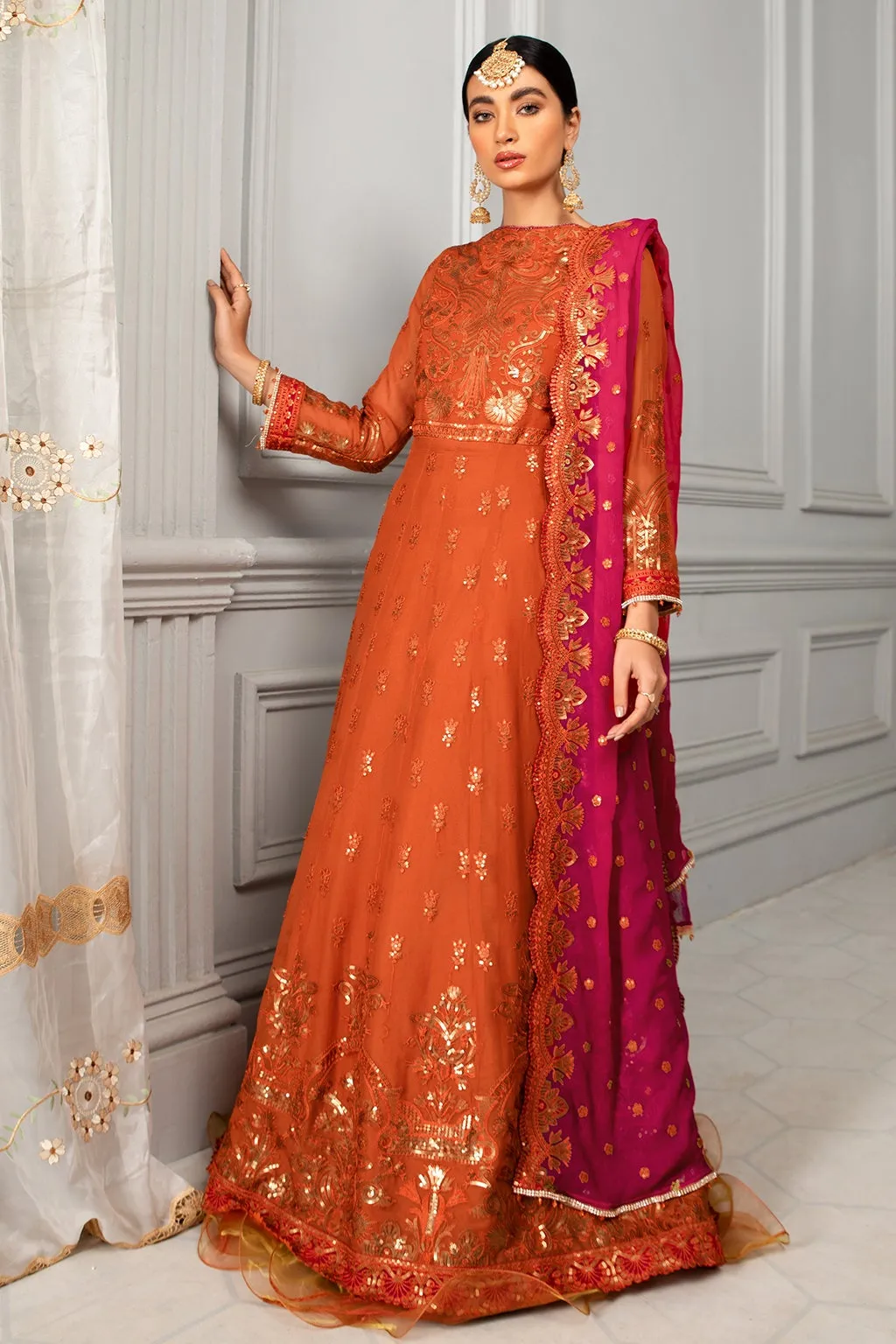 Elegant Maxi Dress Pakistani in Orange Shade #PF327