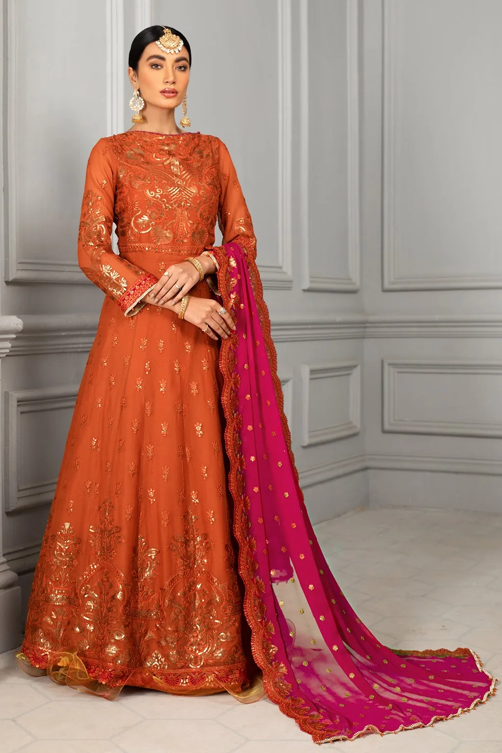 Elegant Maxi Dress Pakistani in Orange Shade #PF327