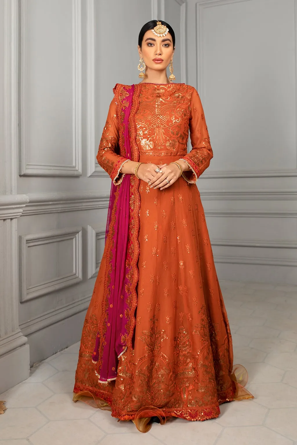 Elegant Maxi Dress Pakistani in Orange Shade #PF327