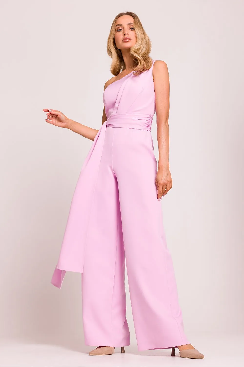Elegant one shoulder jumpsuit with a motif