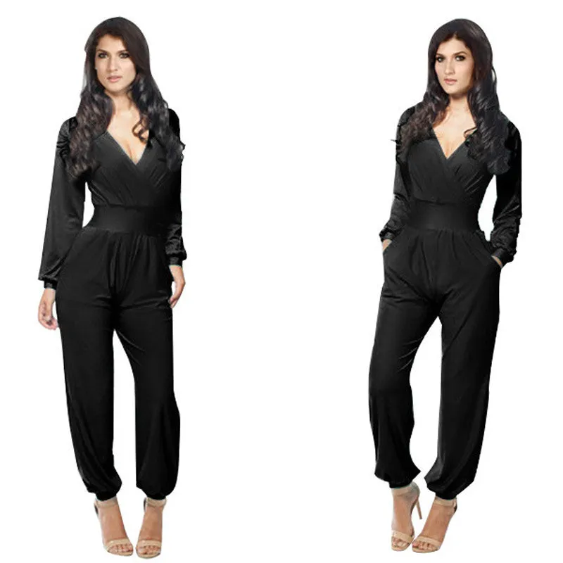 Elegant Rompers Women Jumpsuit Deep V-neck Bodysuit With Pockets Plus Size Overalls For Women Elegant Long Sleeve Jumpsuits