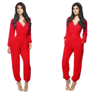Elegant Rompers Women Jumpsuit Deep V-neck Bodysuit With Pockets Plus Size Overalls For Women Elegant Long Sleeve Jumpsuits