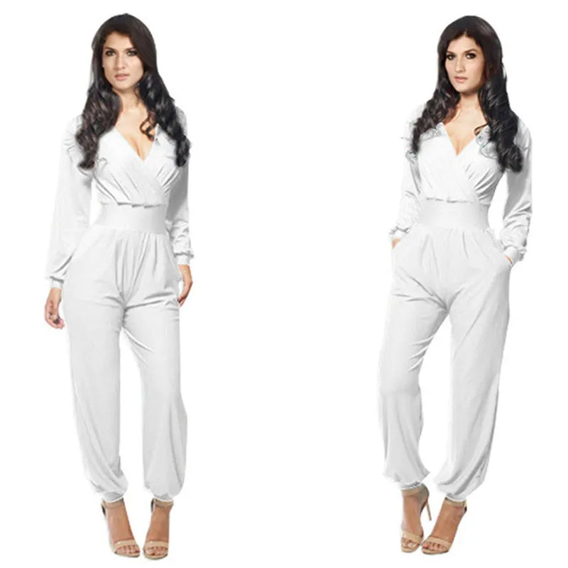 Elegant Rompers Women Jumpsuit Deep V-neck Bodysuit With Pockets Plus Size Overalls For Women Elegant Long Sleeve Jumpsuits