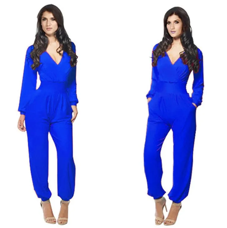 Elegant Rompers Women Jumpsuit Deep V-neck Bodysuit With Pockets Plus Size Overalls For Women Elegant Long Sleeve Jumpsuits