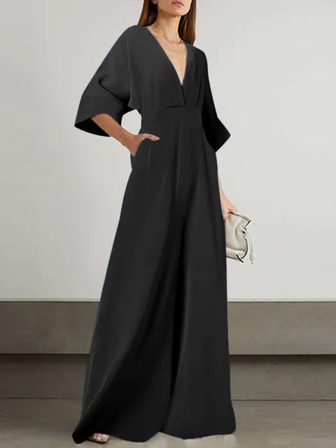 Elegant V Neck Loose Green Playsuits Overalls Long Jumpsuit