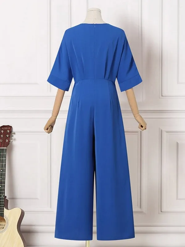 Elegant V Neck Loose Green Playsuits Overalls Long Jumpsuit