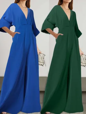 Elegant V Neck Loose Green Playsuits Overalls Long Jumpsuit