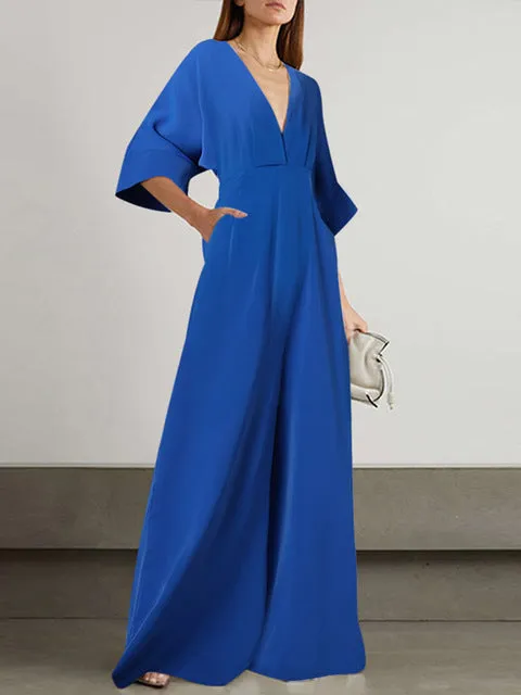 Elegant V Neck Loose Green Playsuits Overalls Long Jumpsuit
