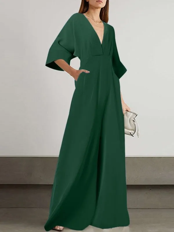 Elegant V Neck Loose Green Playsuits Overalls Long Jumpsuit
