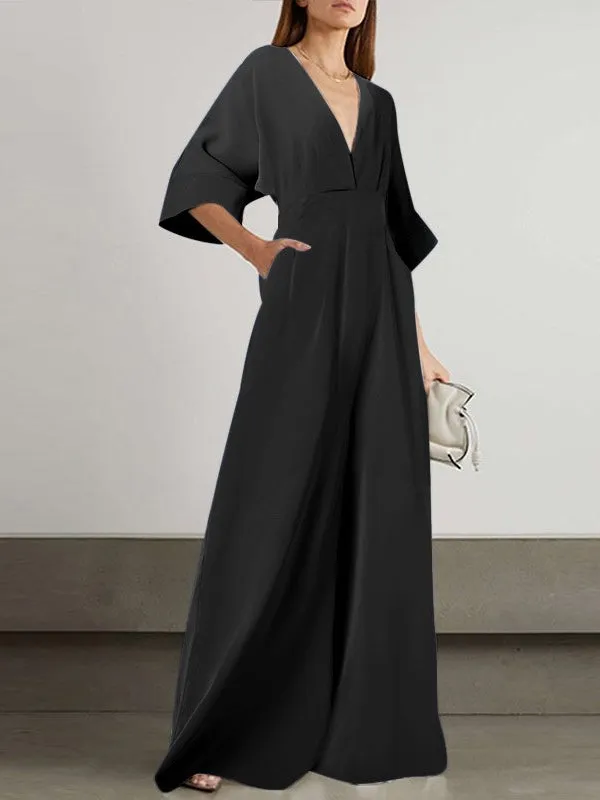 Elegant V Neck Loose Green Playsuits Overalls Long Jumpsuit