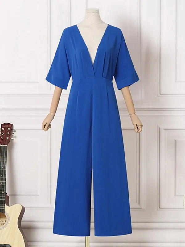 Elegant V Neck Loose Green Playsuits Overalls Long Jumpsuit