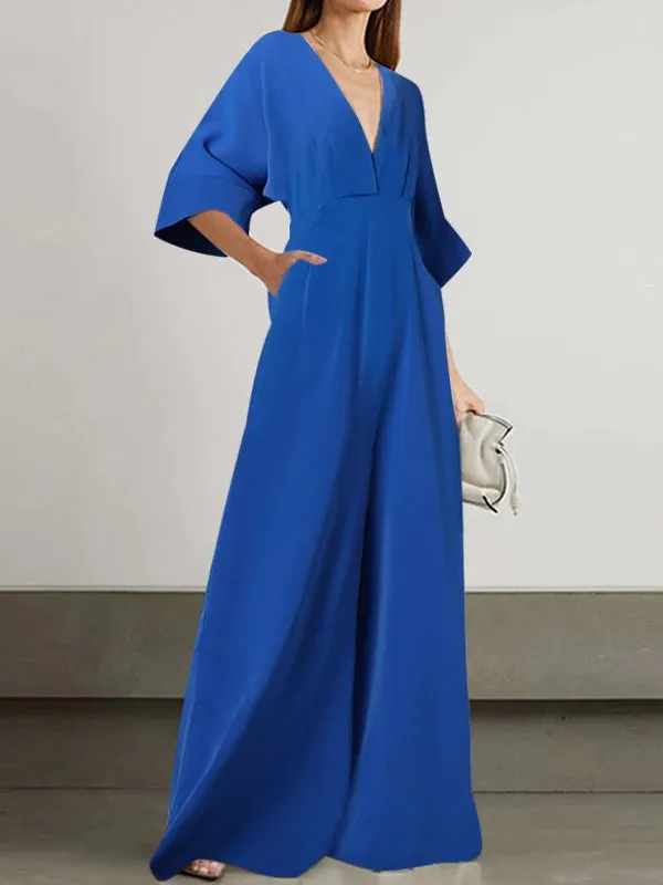 Elegant V Neck Loose Green Playsuits Overalls Long Jumpsuit