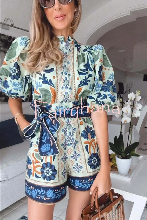 Elouise Linen Blend Unique Print Button Puff Sleeves Tie-up Pocketed Romper