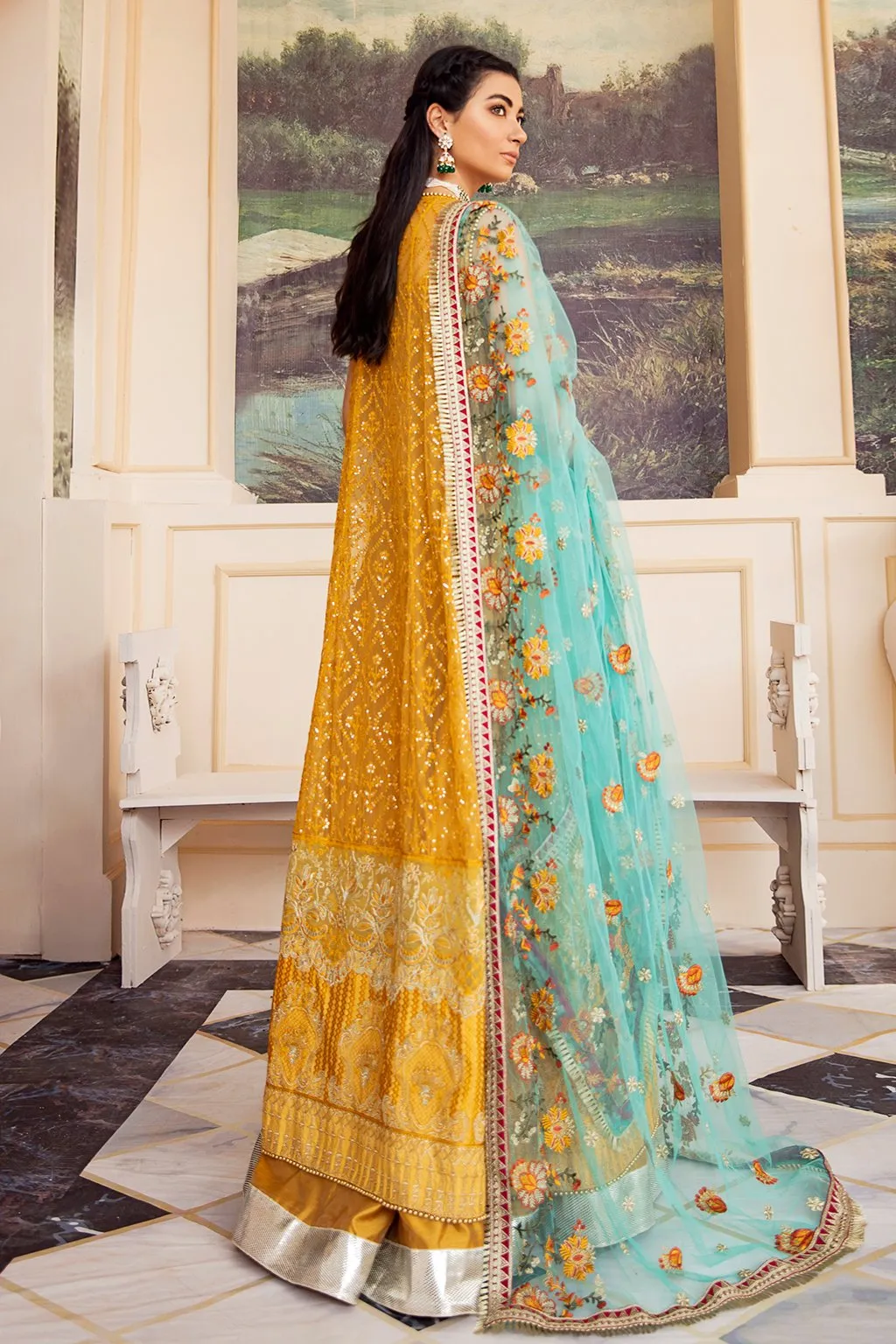 Embroidered Front Open Maxi in Yellow Color #Y6098