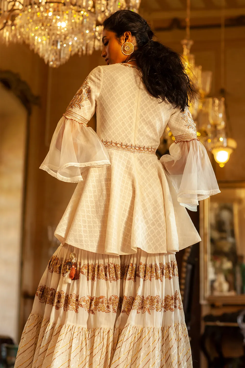 Embroidered peplum top sharara set