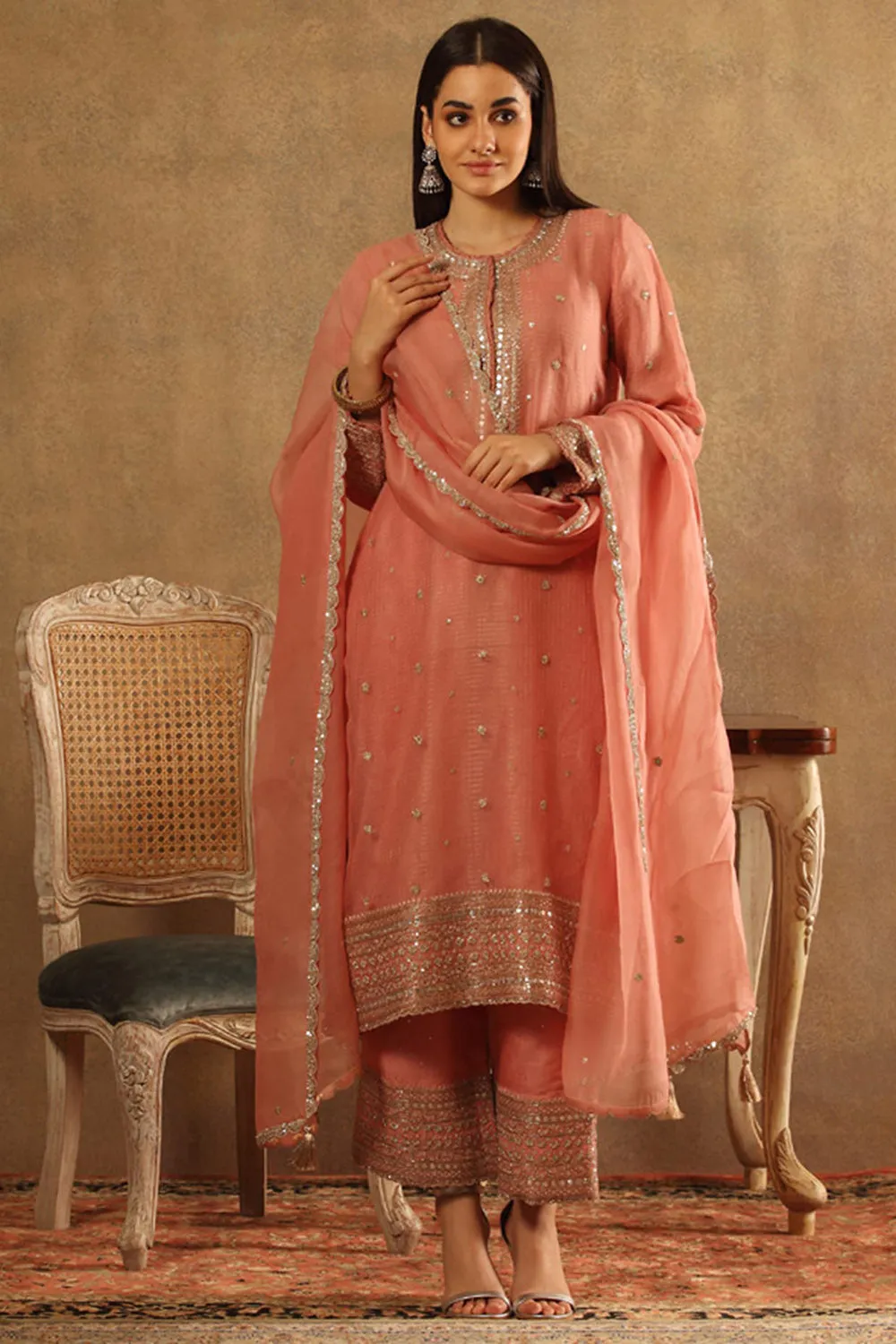 Embroidered Strawberry Ice Pink Katan Silk Kurta Set