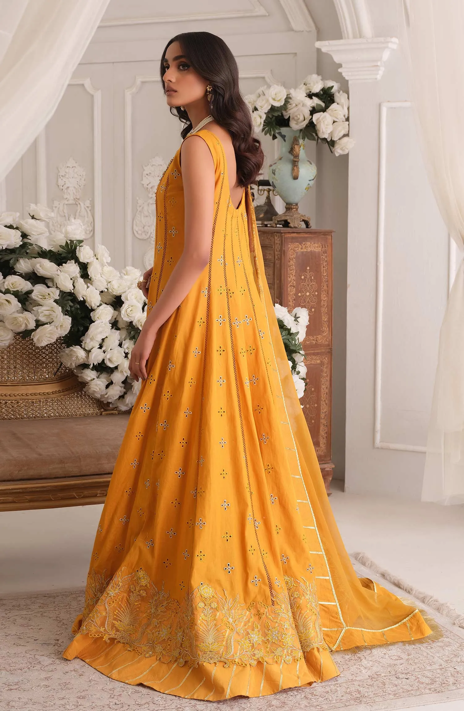Embroidered Yellow Pakistani Maxi Eid Dress in Lawn