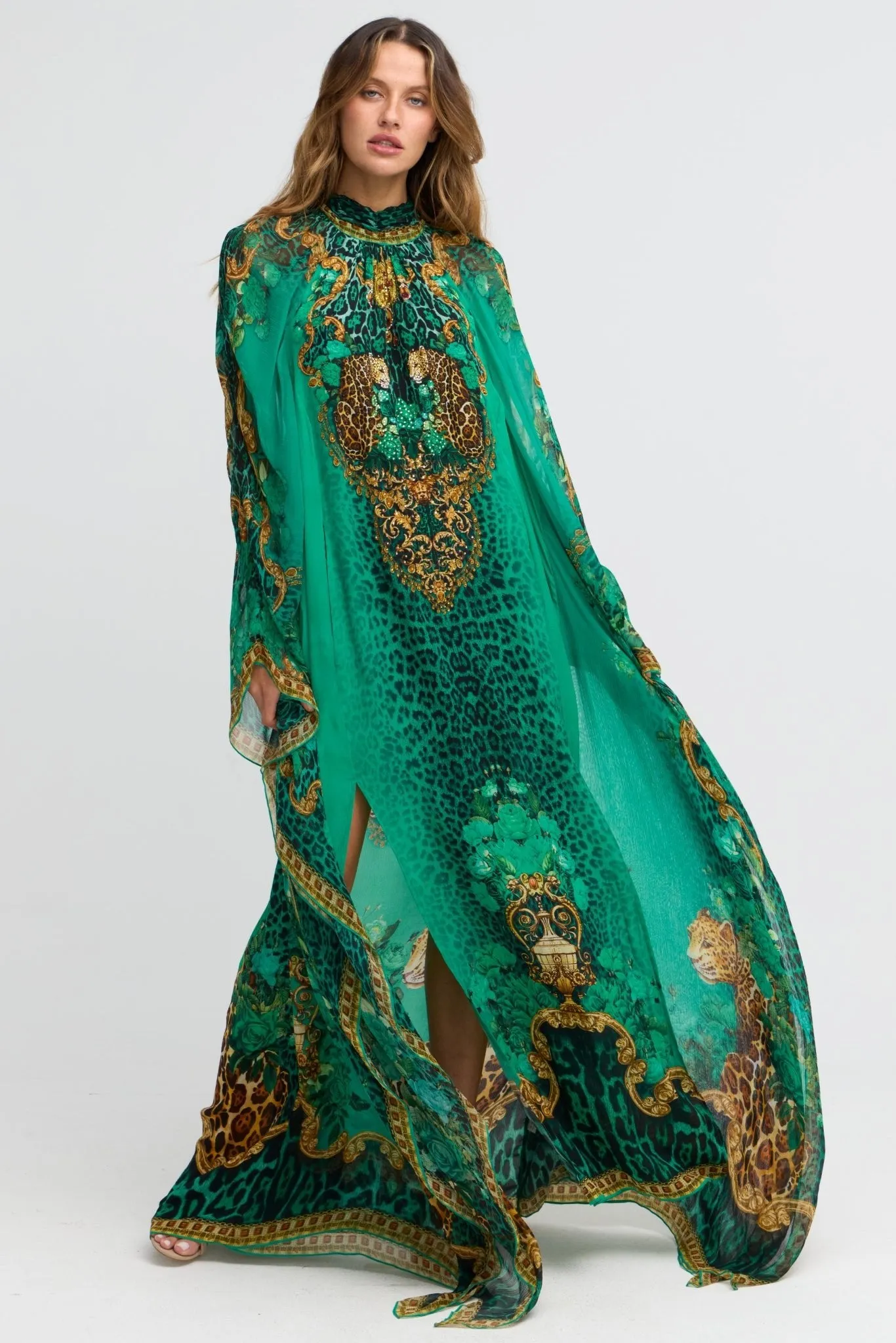 Emerald Leopardess High-neck Maxi Kaftan