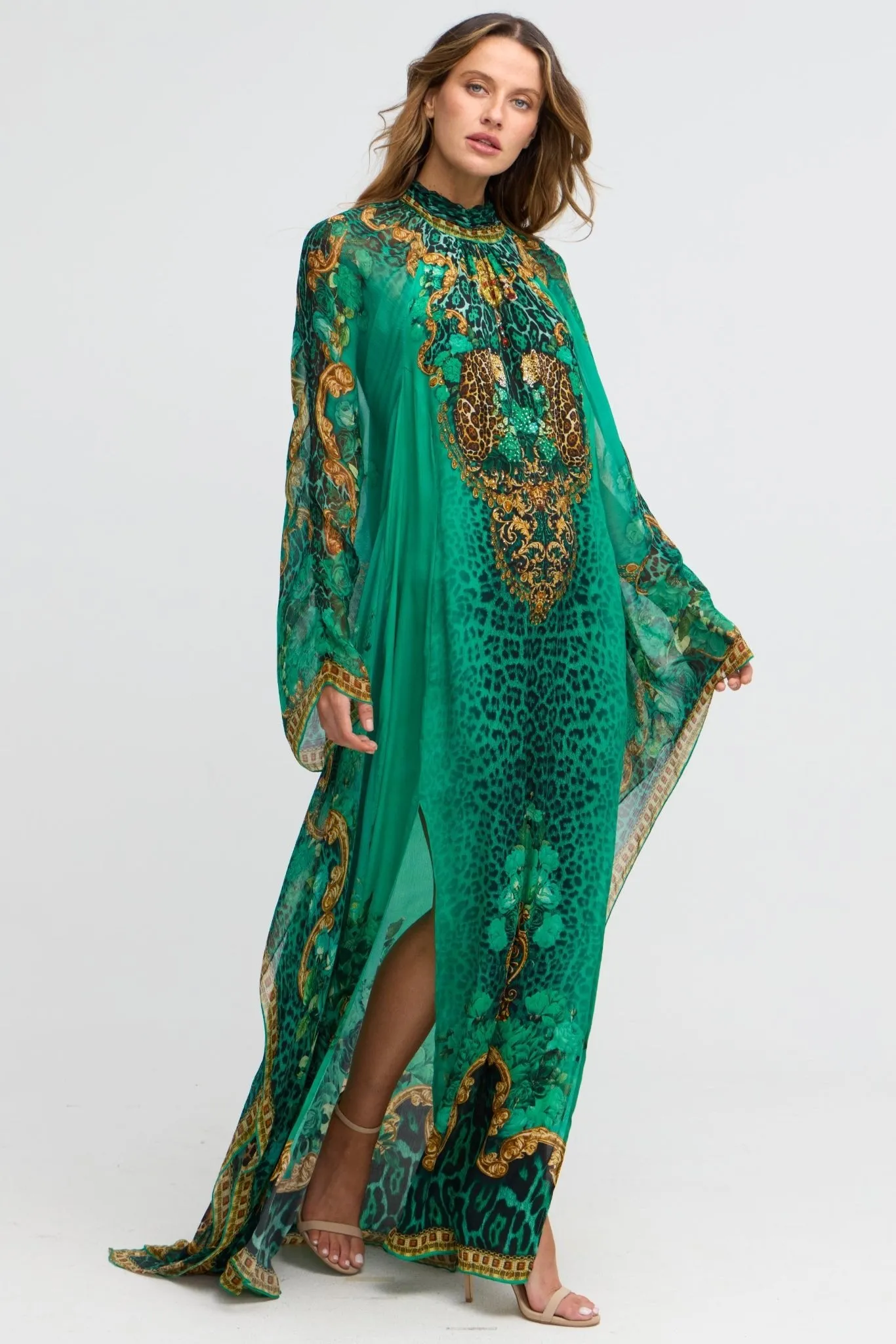 Emerald Leopardess High-neck Maxi Kaftan