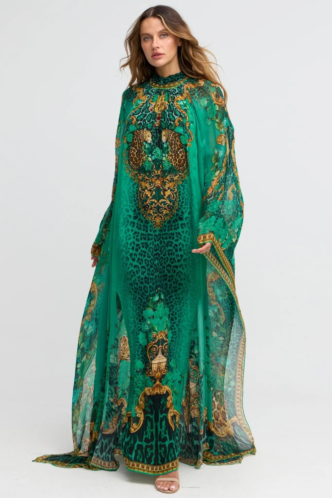 Emerald Leopardess High-neck Maxi Kaftan