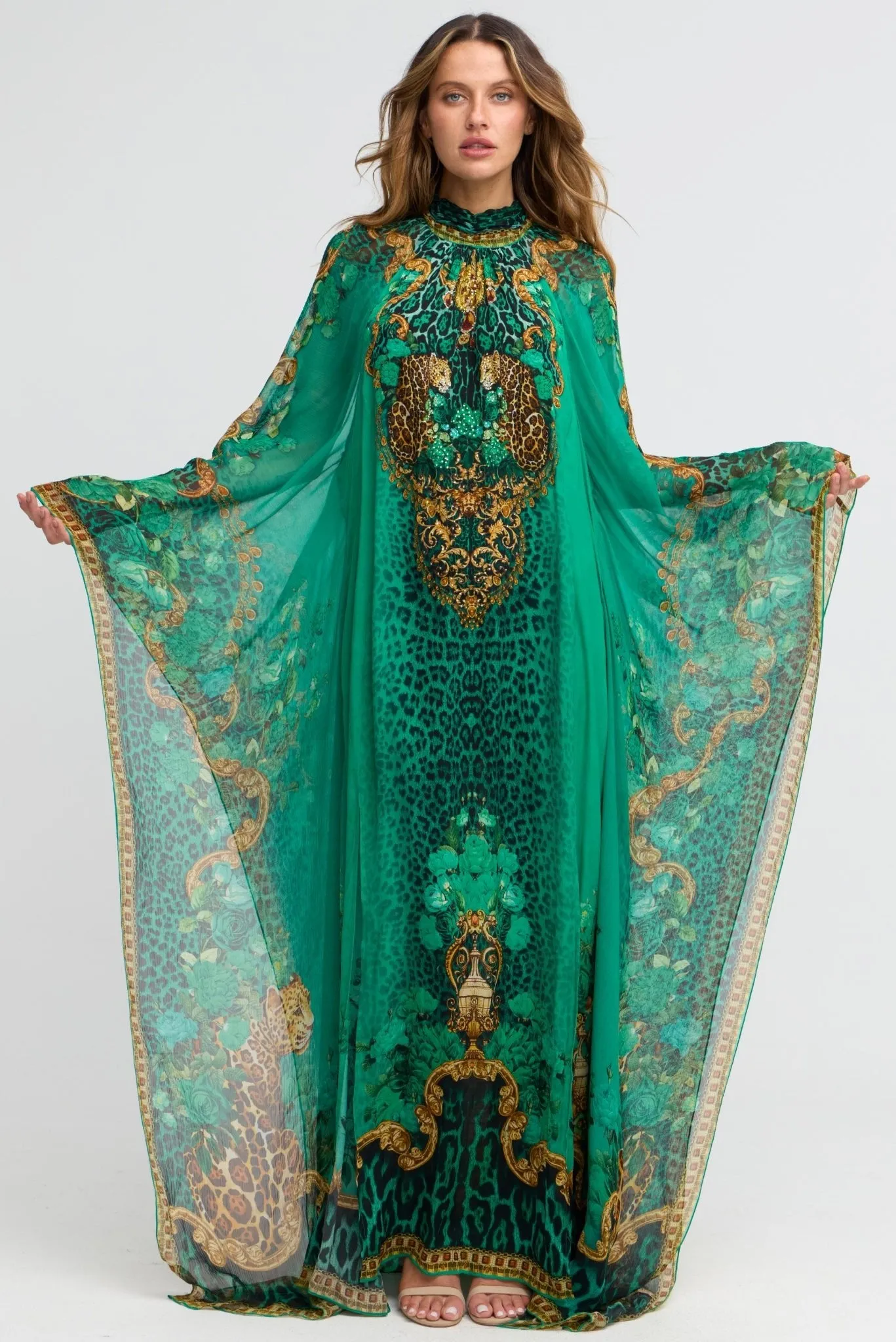 Emerald Leopardess High-neck Maxi Kaftan