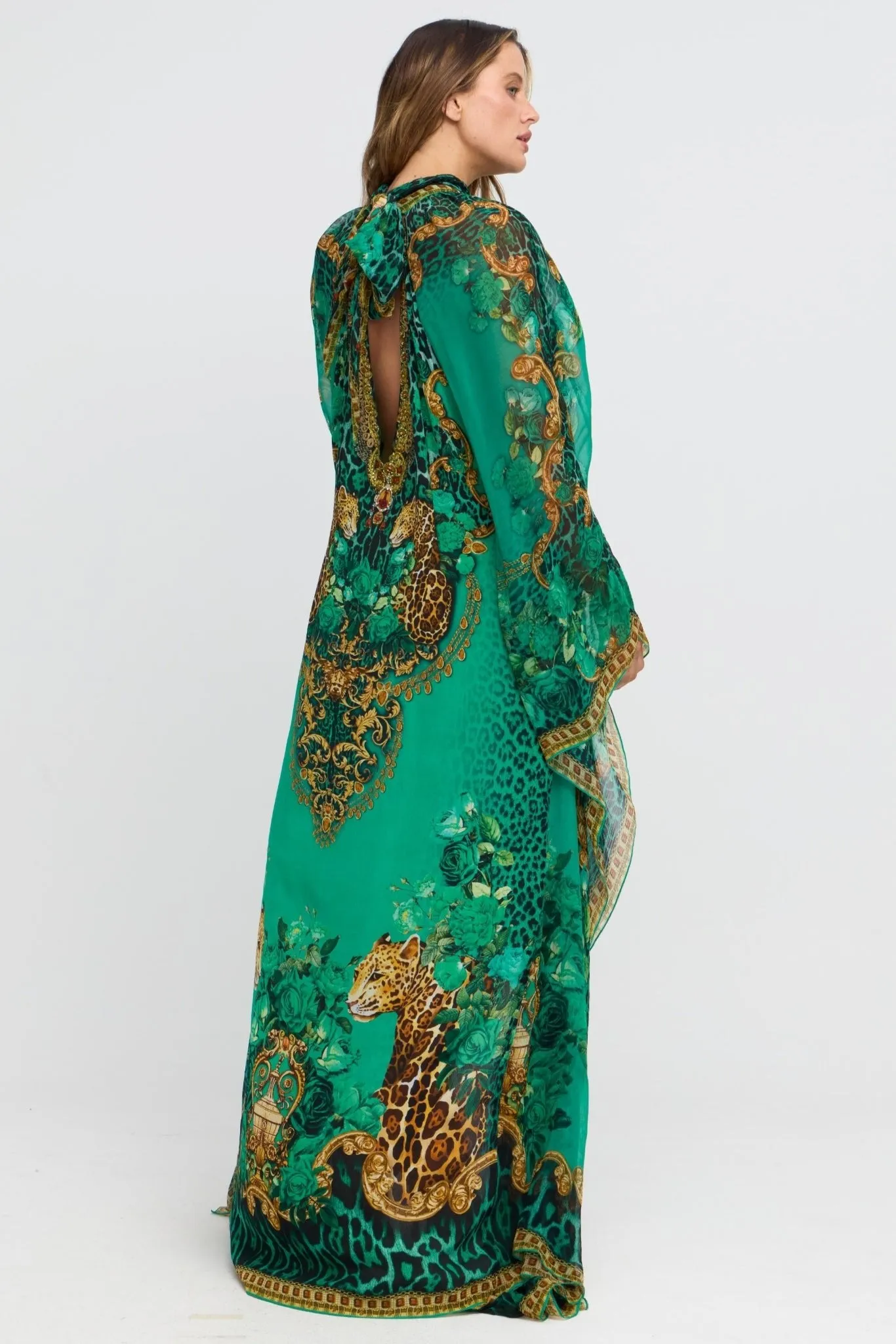 Emerald Leopardess High-neck Maxi Kaftan