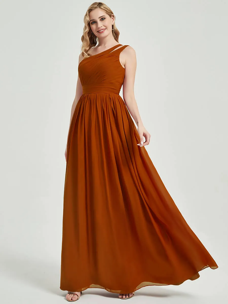 English Rose Pleated One Shoulder A-Line Maxi Chiffon Bridesmaid Dress
