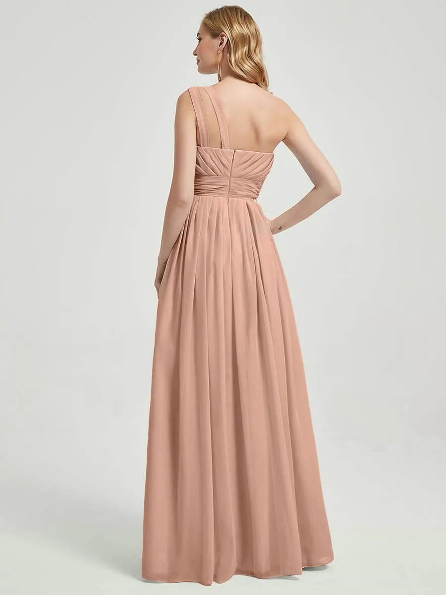 English Rose Pleated One Shoulder A-Line Maxi Chiffon Bridesmaid Dress