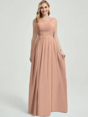 English Rose Pleated One Shoulder A-Line Maxi Chiffon Bridesmaid Dress