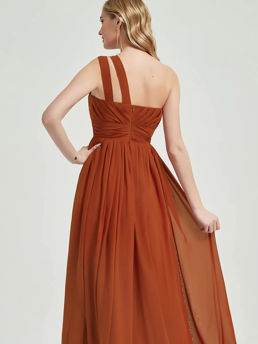 English Rose Pleated One Shoulder A-Line Maxi Chiffon Bridesmaid Dress