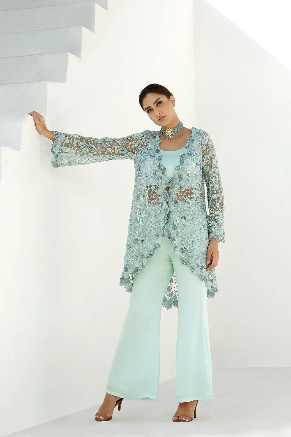 Ether  Long Cape Jacket With Pant Set