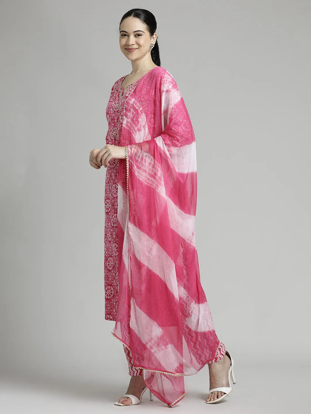 Ethnic Printed Cotton Pink Kurta Set With Dupatta