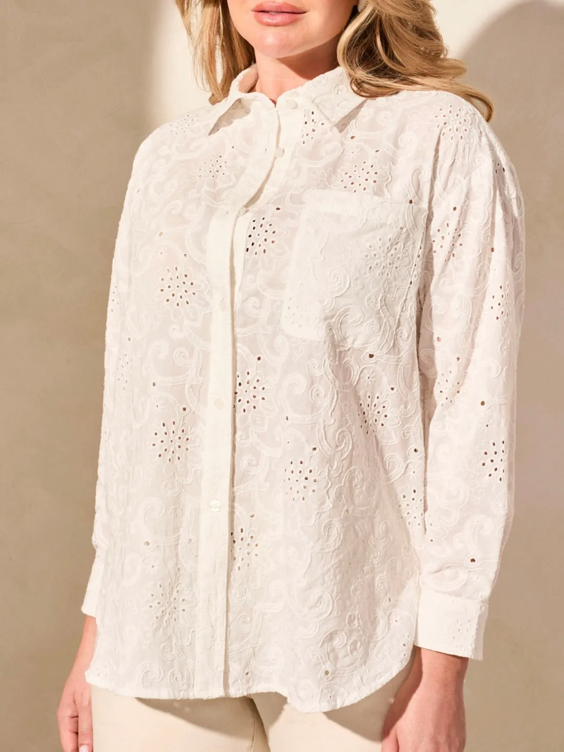 Eyelet Embroidered Button-down Shirt - White
