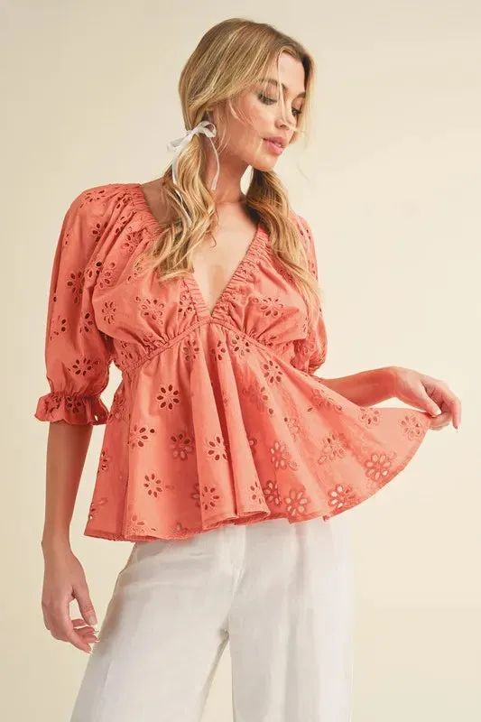 Eyelet Embroidered V-Neck Half Sleeve Peplum Blouse