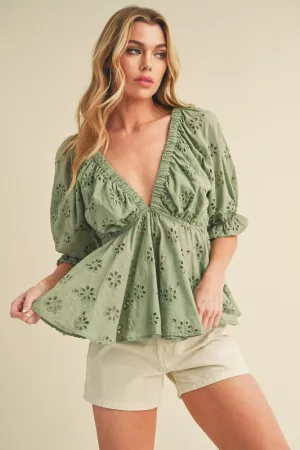 Eyelet Embroidered V-Neck Half Sleeve Peplum Blouse