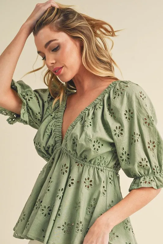 Eyelet Embroidered V-Neck Half Sleeve Peplum Blouse