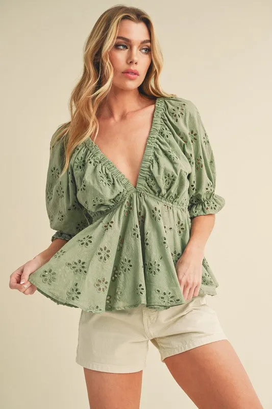 Eyelet Embroidered V-Neck Half Sleeve Peplum Blouse