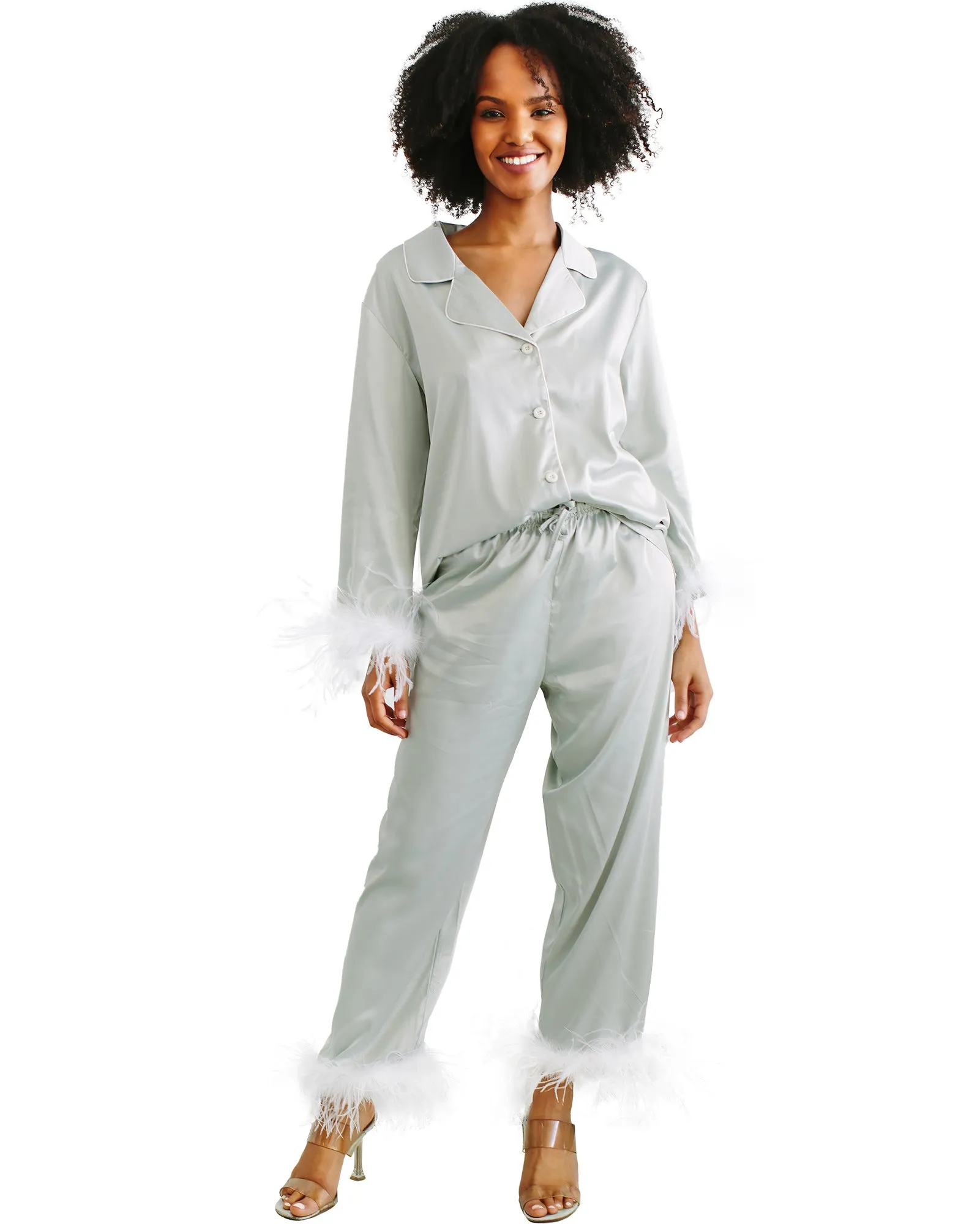Feather Trim Long Sleeve With Pants Pajama Set Monogram