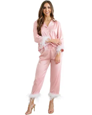 Feather Trim Long Sleeve With Pants Pajama Set Monogram