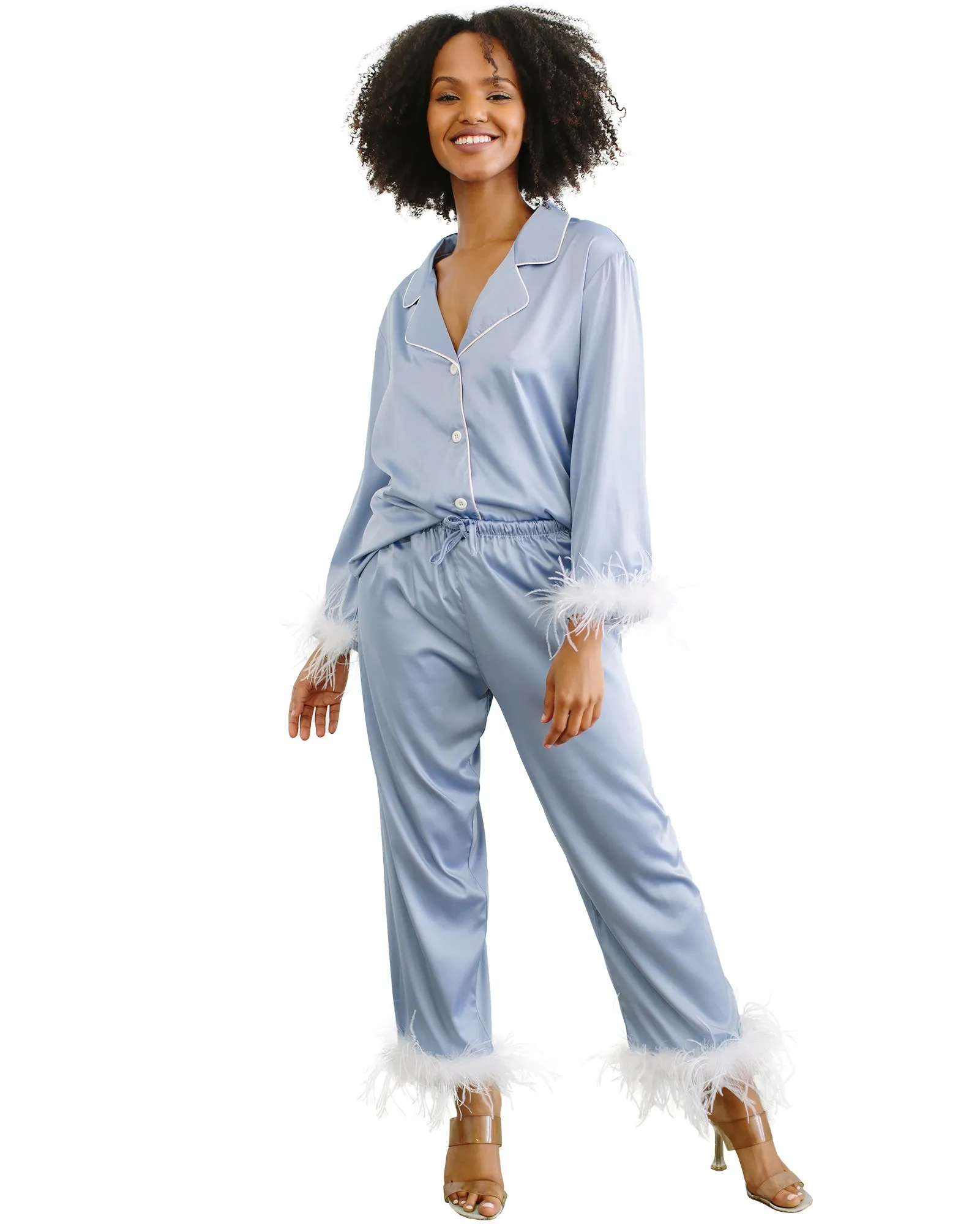 Feather Trim Long Sleeve With Pants Pajama Set Monogram