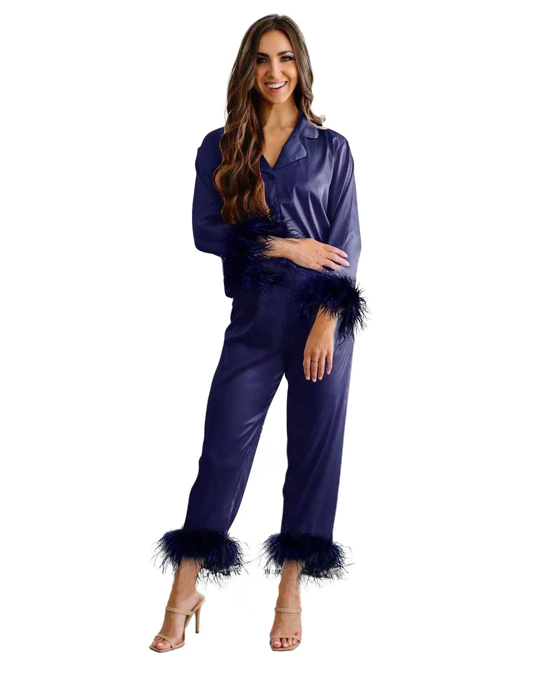 Feather Trim Long Sleeve With Pants Pajama Set Monogram