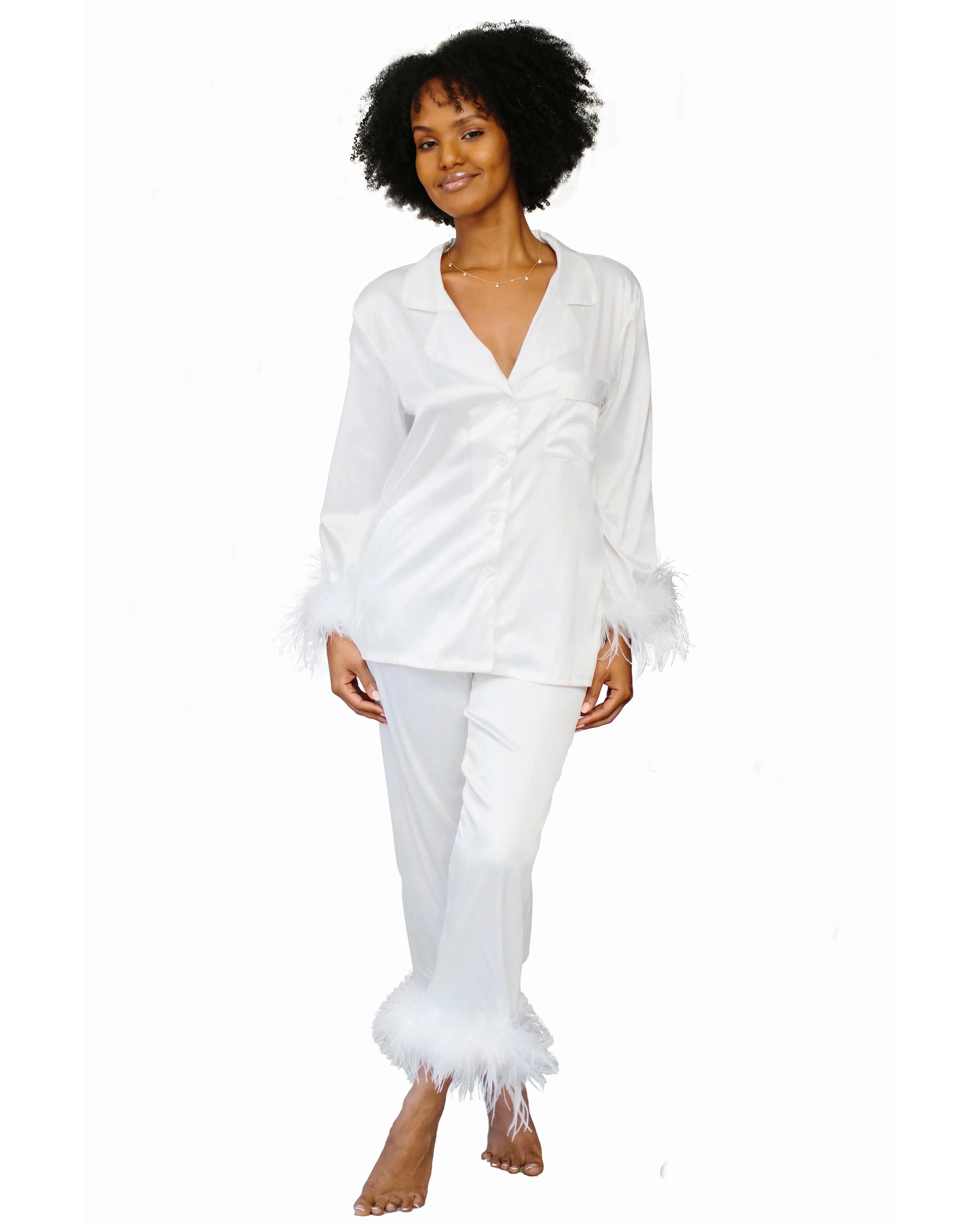 Feather Trim Long Sleeve With Pants Pajama Set Monogram