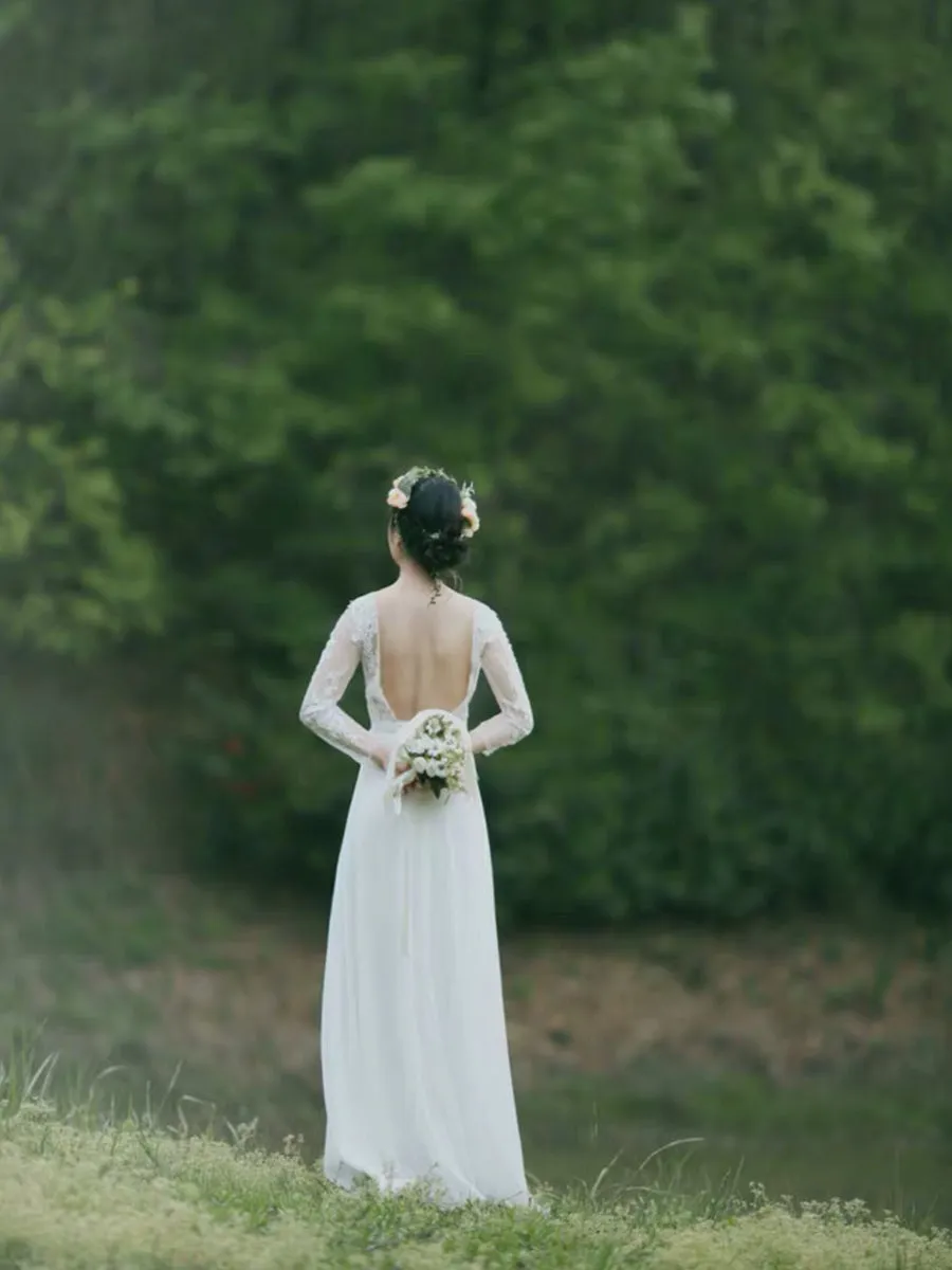 [Final Sale] US4 Backless Chiffon Wedding Dress Sexy Lace