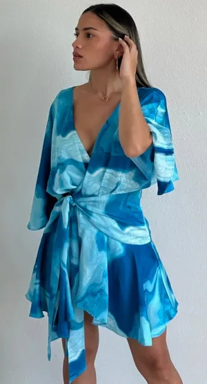 Flirty Ways Turquoise Print Satin Romper