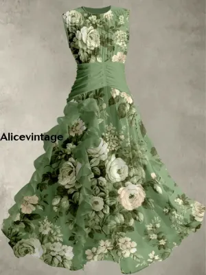 Floral Art Print Vintage Elegant Chic Sleeveless Maxi Dress