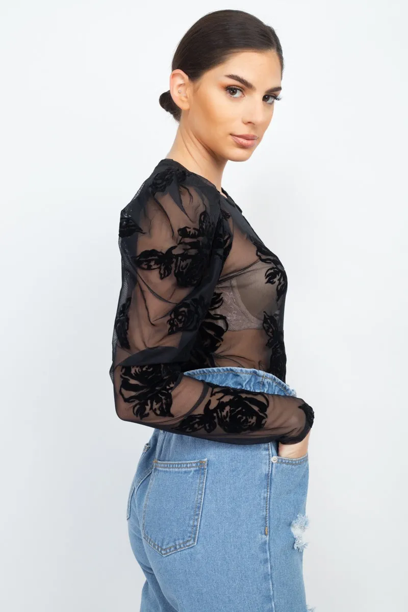 Floral-embroidered Long Puff Sleeves Top