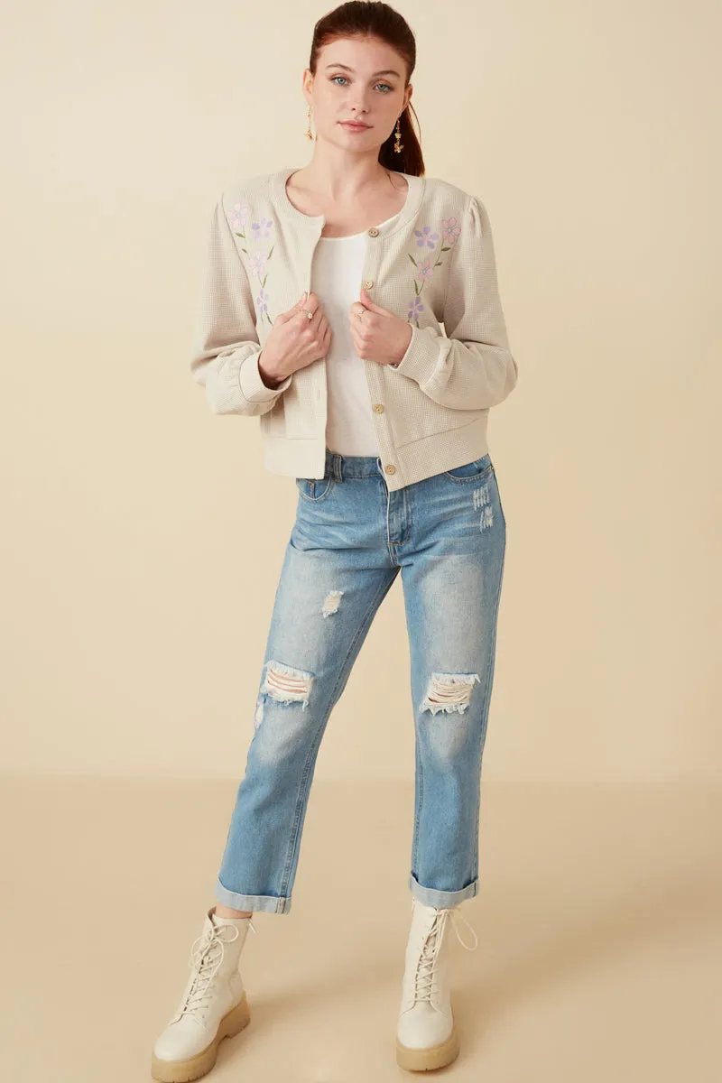 Floral Embroidered Textured Knit Cardigan